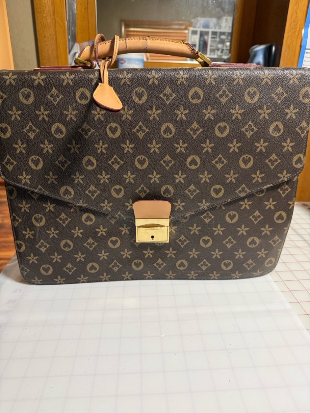 Designer Monogram Pattern Top-Handle Briefcase in Brown and Tan